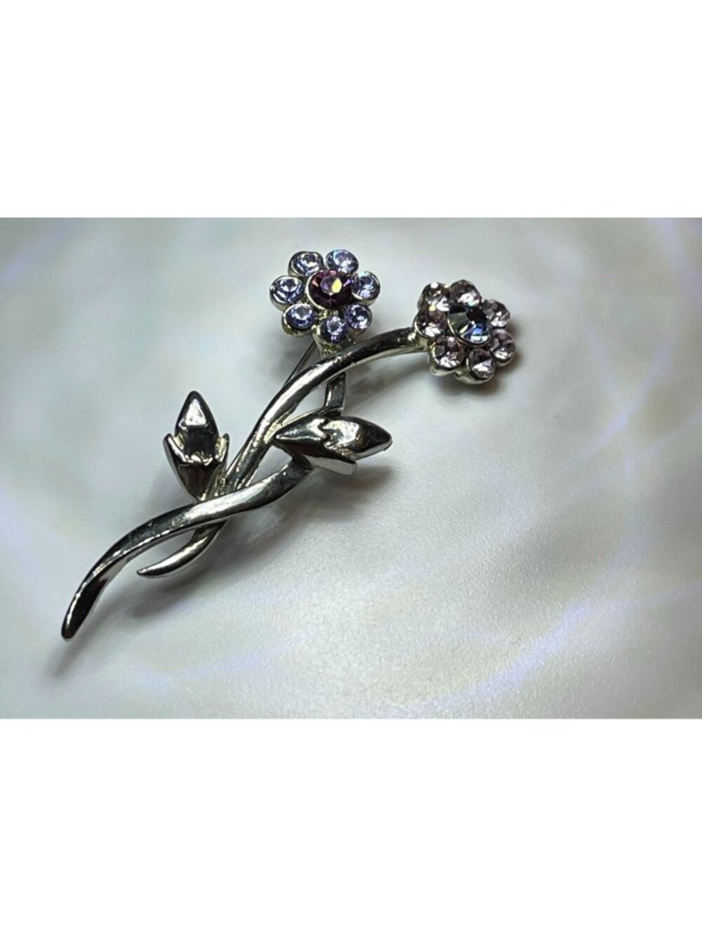 Vintage 60s Silver Tone Floral Spray Rhinestone Brooch